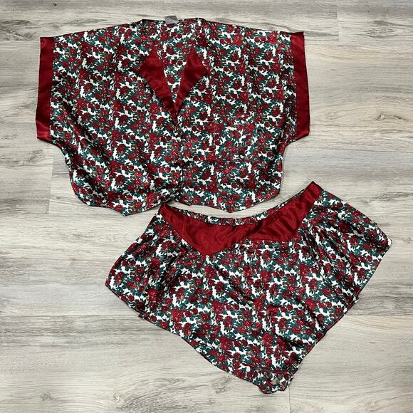 Vintage Kathryn Red Floral Satin Crop Pj Short Set Girly Sexy Feminine Large - Picture 1 of 9